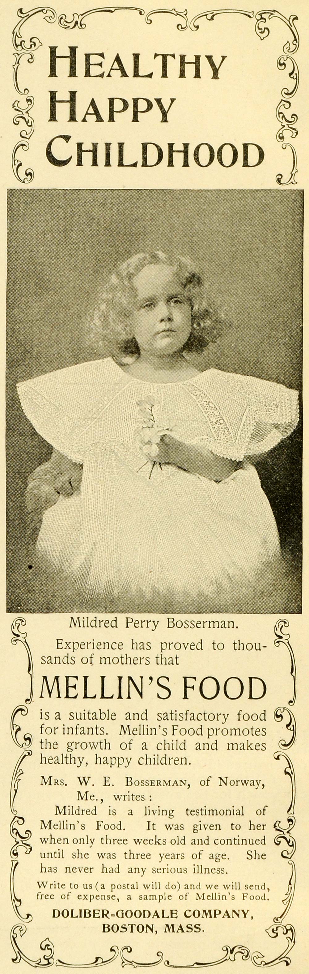 1898 Ad Doliber-Goodale Mellin's Baby Food Mildred Perry Bosserman Girl LHJ6