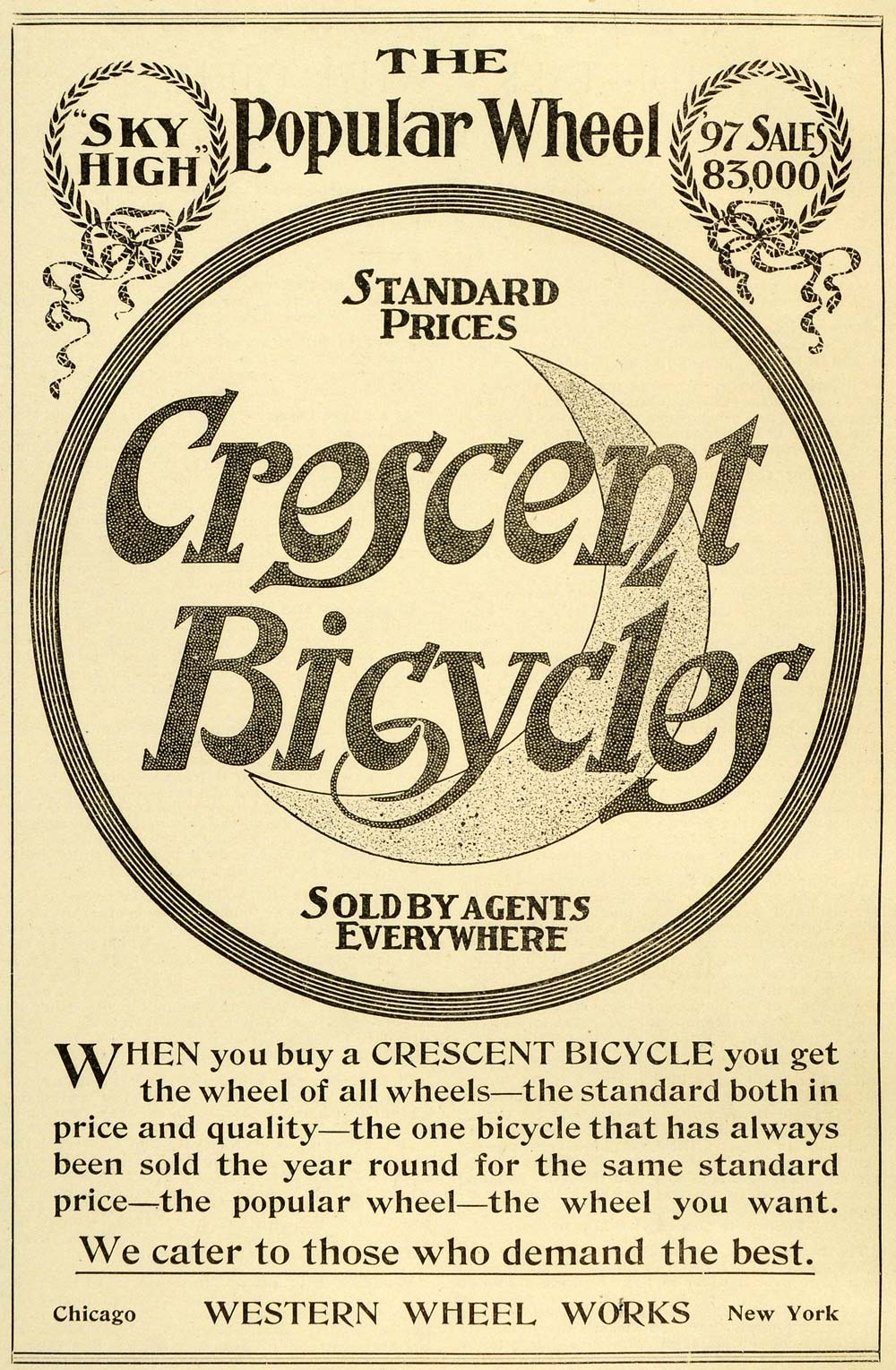 1898 Ad Western Wheels Crescent Bicycles Sky High Moon Wreaths Transport LHJ6