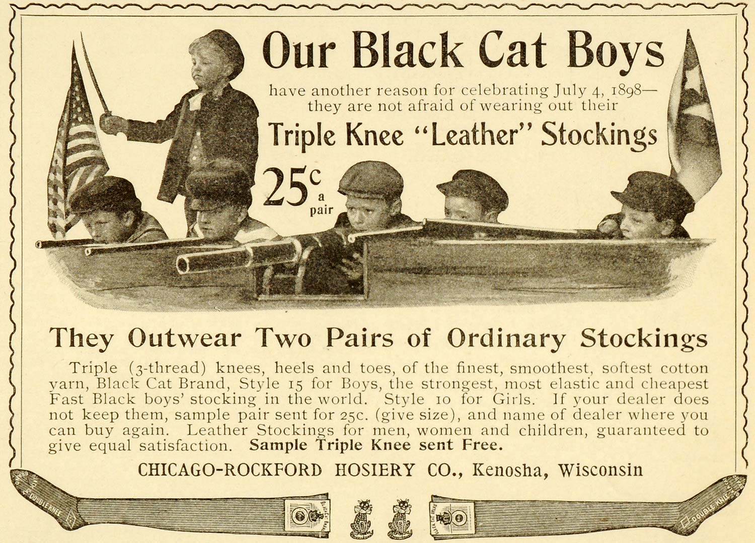 1898 Ad Chicago-Rockford Hosiery Black Cat Stockings Boys Patriotic LHJ6