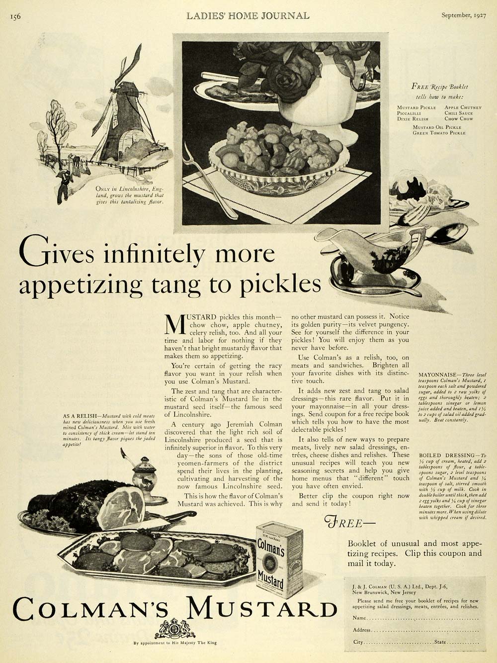 1927 Ad J. J. Colman's Mustard Condiment Lincolnshire Relish Appetizer Meal LHJ7