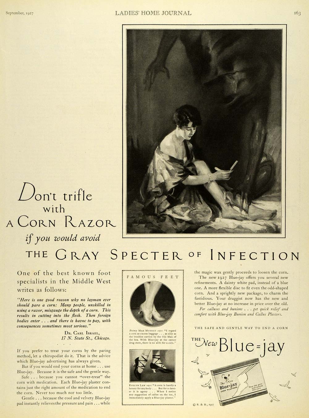 1927 Ad Blue Jay Corn Plasters Dr Carl Israel Foot Care Hygiene Dark Satan LHJ7