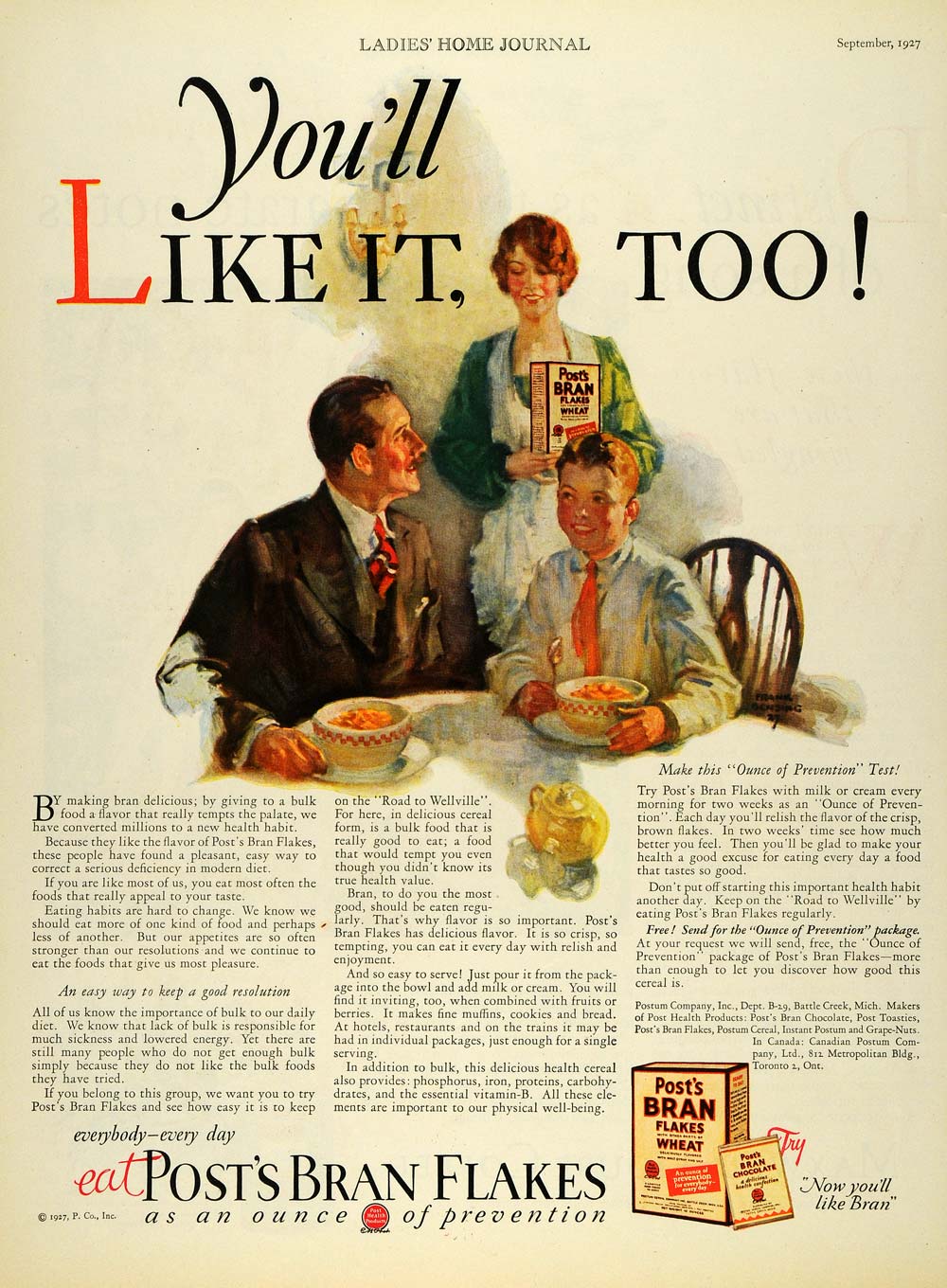 1927 Ad Post's Bran Flakes Cereal Postum Frank Bensing Family Wheat LHJ7
