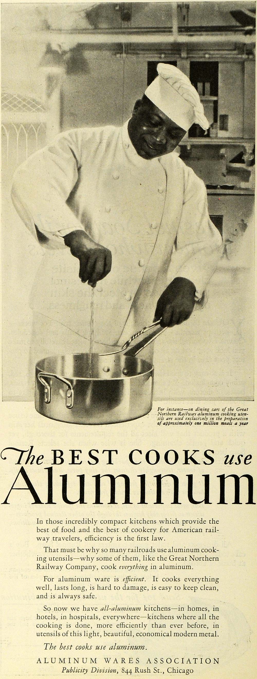 1927 Ad Great Northern Railway Chef Aluminum Cook Ware - ORIGINAL LHJ7