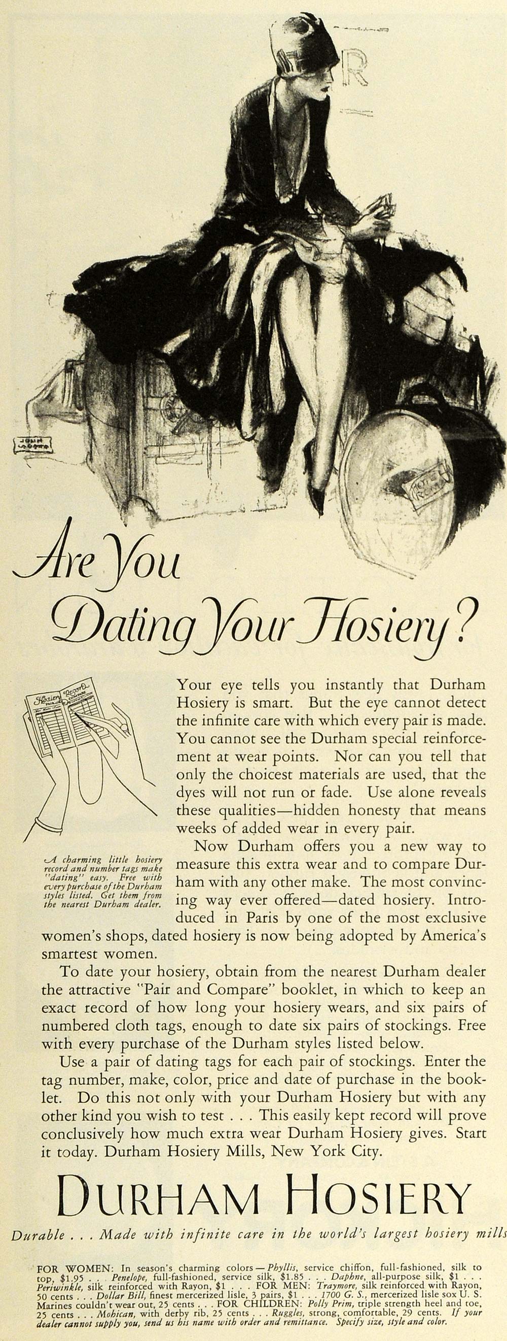 1927 Ad Durham Hosiery Flapper Fashion John LaGatta Art Tights Nylons Leg LHJ7