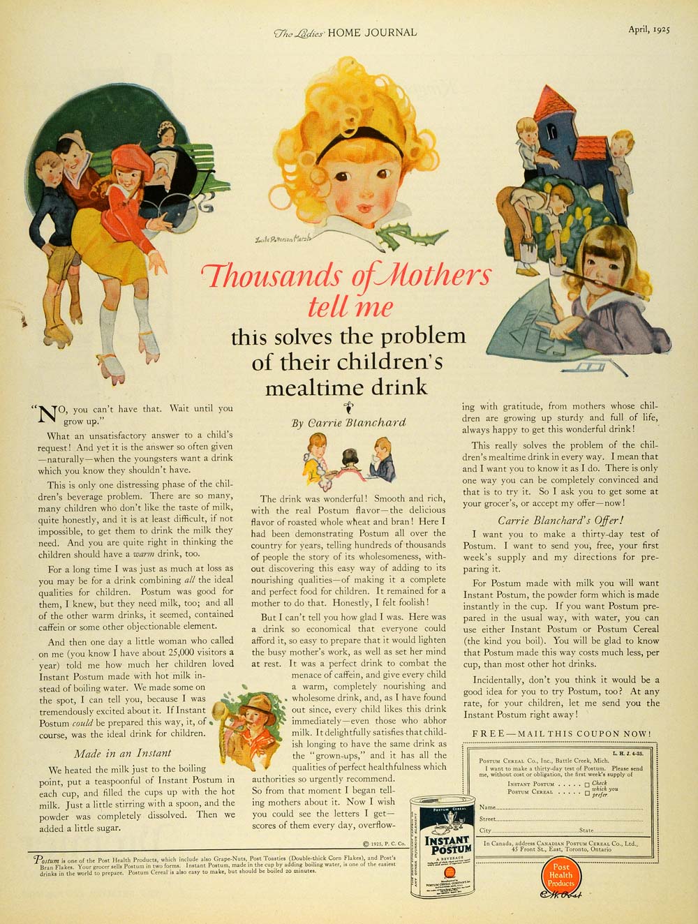 1925 Ad Instant Postum Childrens Drink Cereal Mothers - ORIGINAL LHJ7