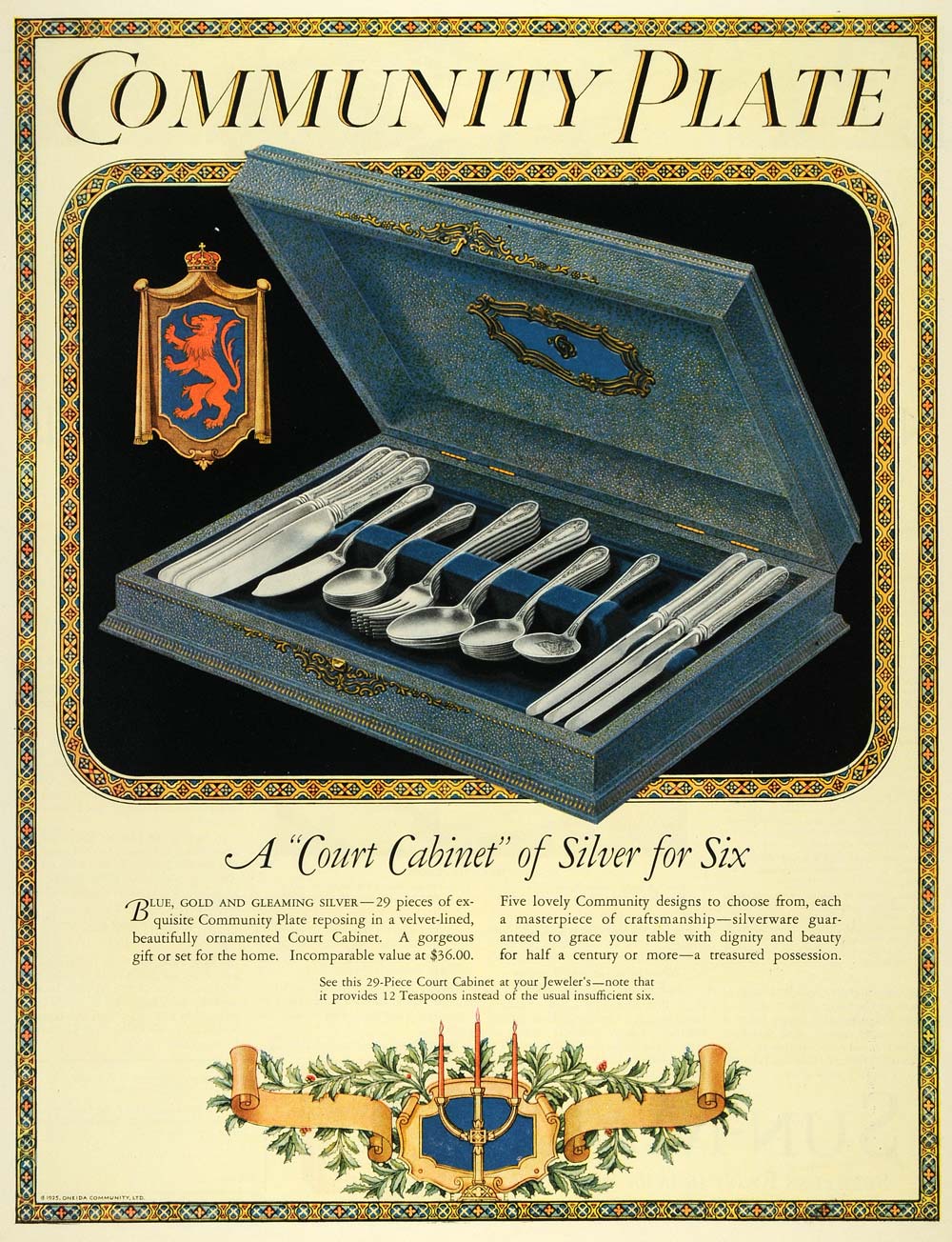 1925 Ad Community Plate Box Court Cabinet Silverware Dinnerware Set Crest LHJ7