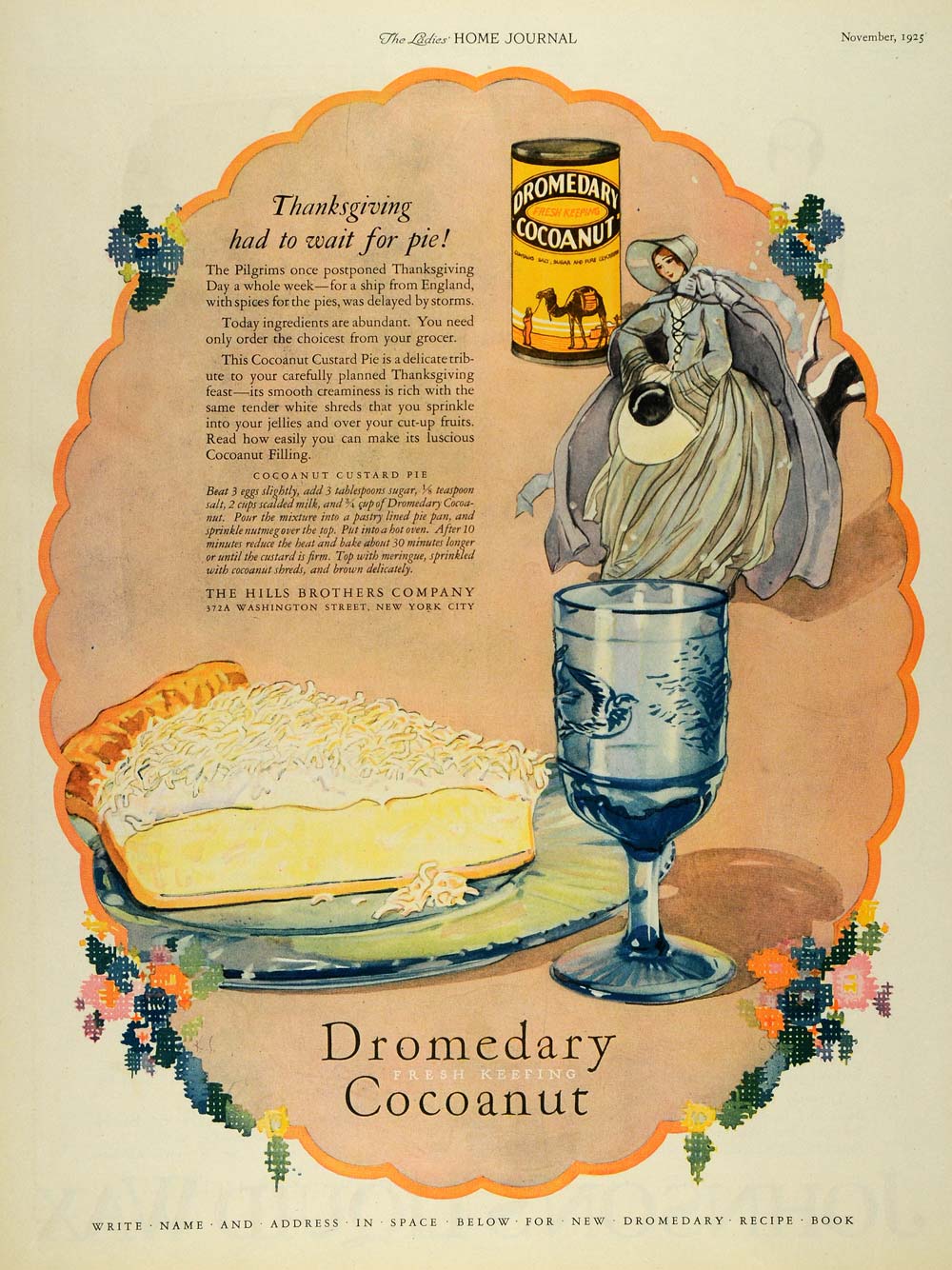 1925 Ad Hills Brothers Dromedary Cocoanut Canister Woman Pilgrim Pie LHJ7