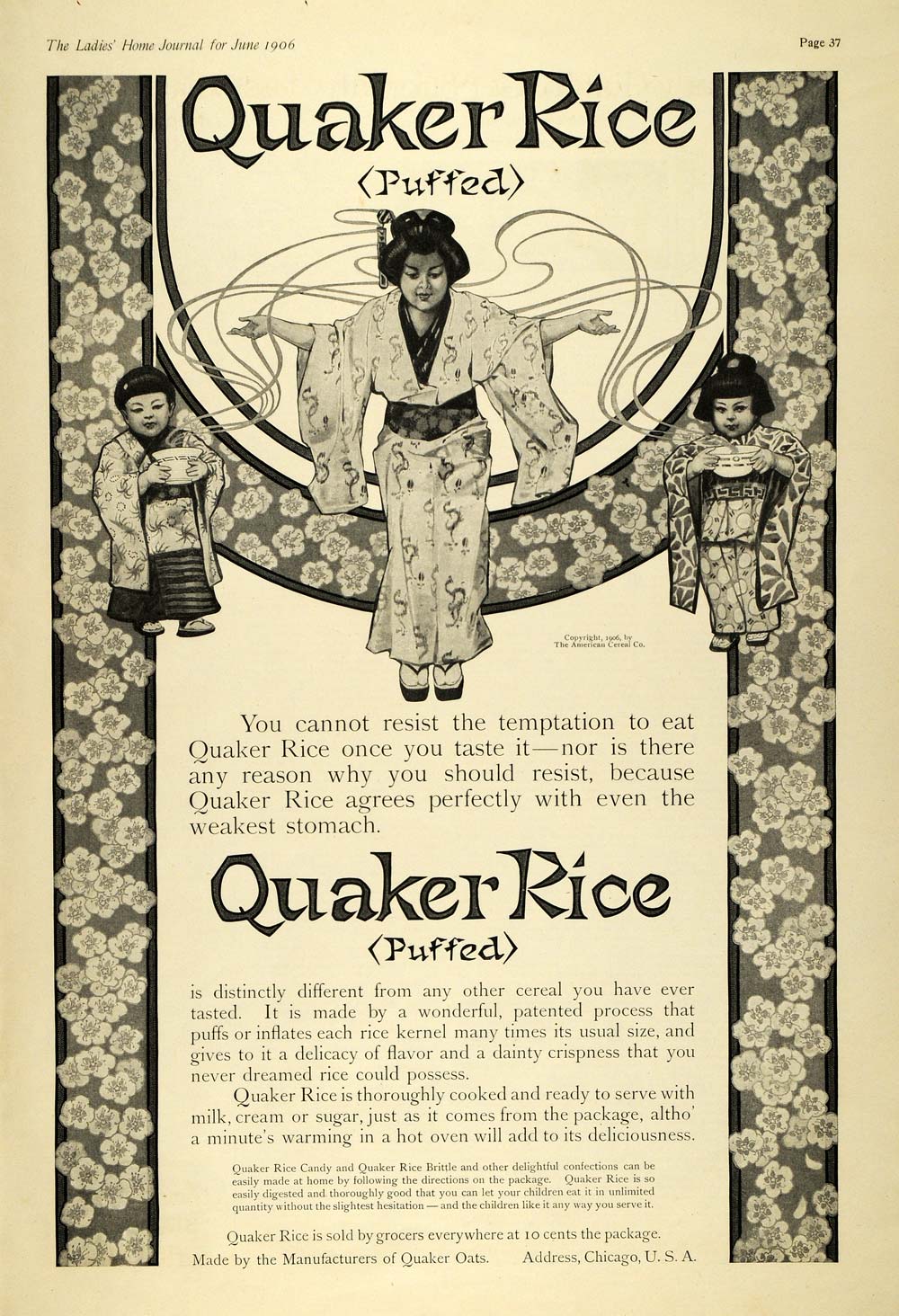 1906 Ad Quaker Oats Puffed Rice Cereal Japanese Kimono - ORIGINAL LHJ7
