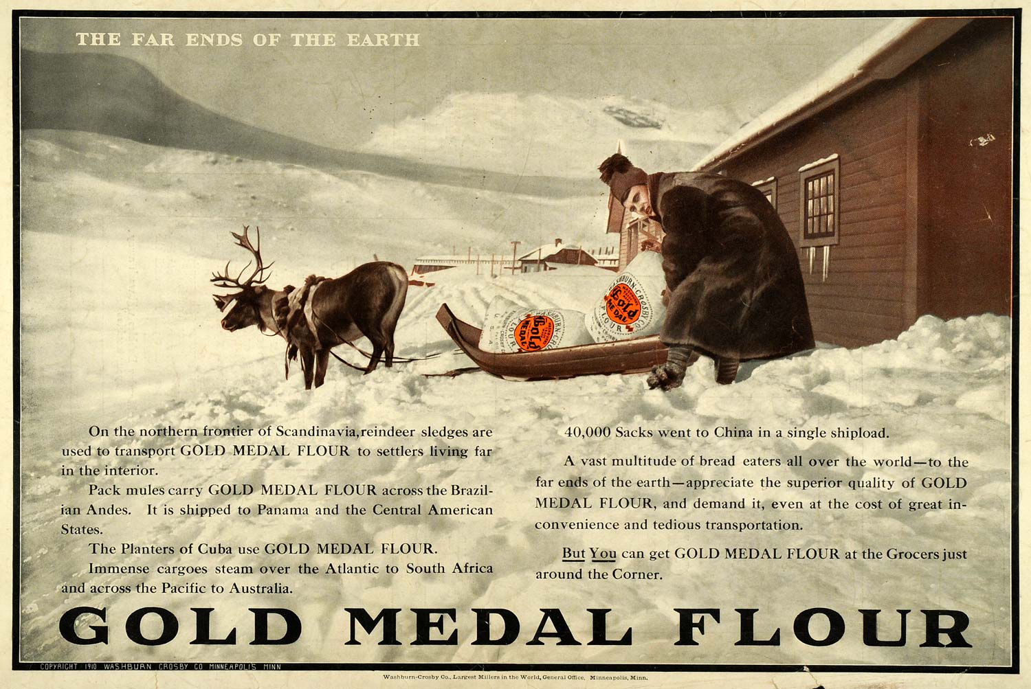 1911 Ad Washburn Gold Medal Flour Winter Sled Reindeer - ORIGINAL LHJ7