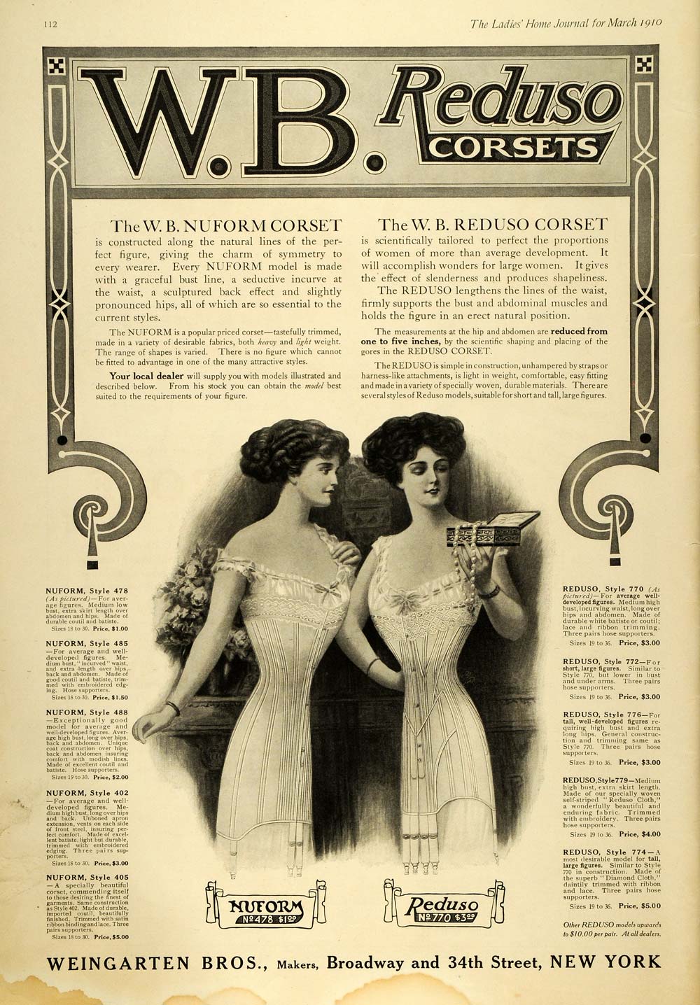 1910 Ad Weingartent W. B. Reduso Nuform Women's Corsets Fashion LHJ7 –  Period Paper Historic Art LLC