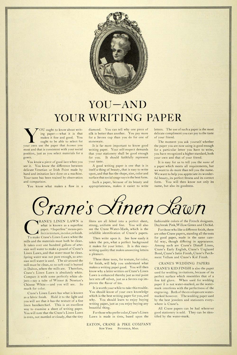 1909 Ad Eaton Crane Linen Lawn Writing Paper Georgian Baroque Wig Lady LHJ7