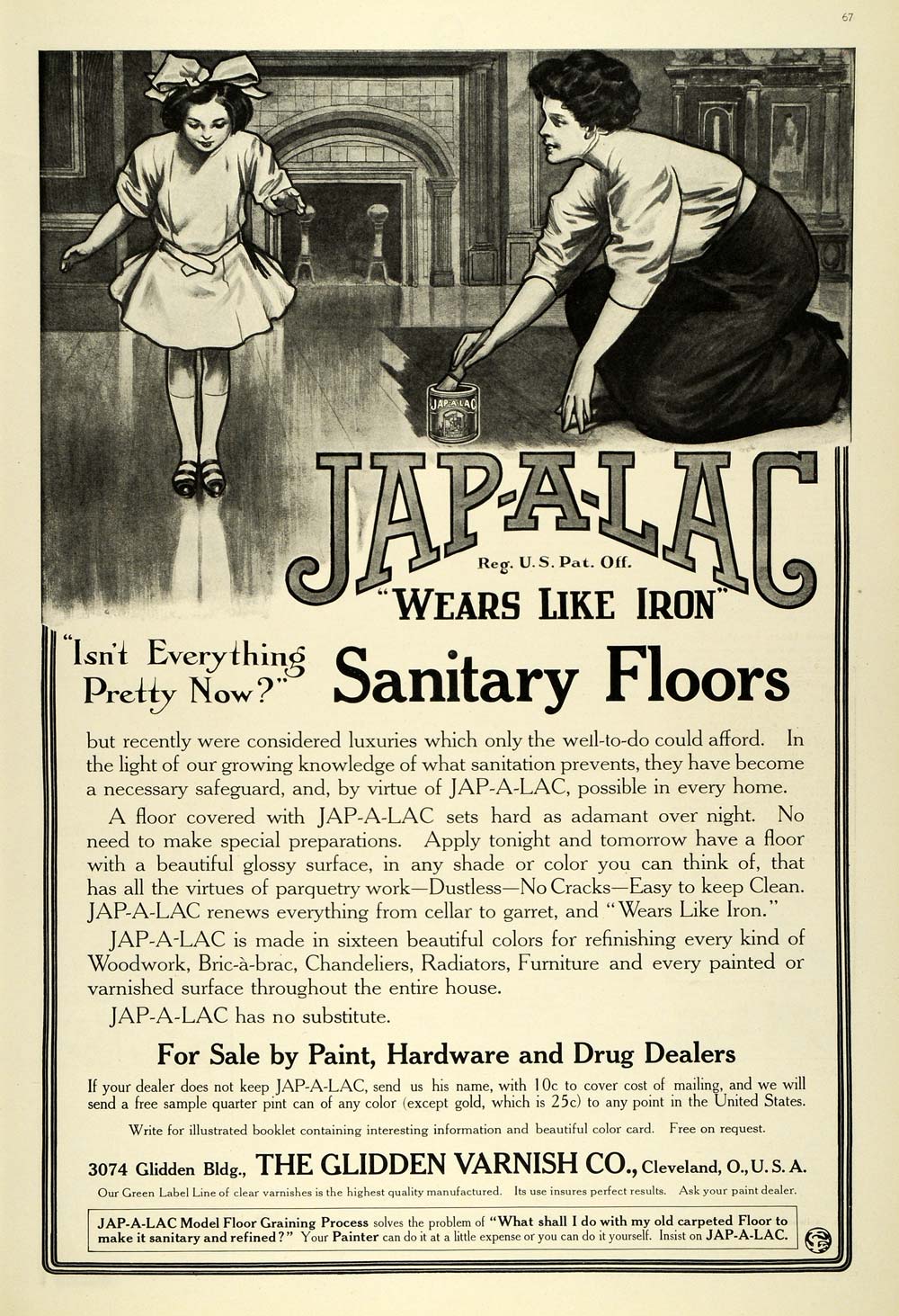 1909 Ad Glidden Varnish Jap-A-Lac Floor Sanitization Girl Hardwood Mother LHJ7