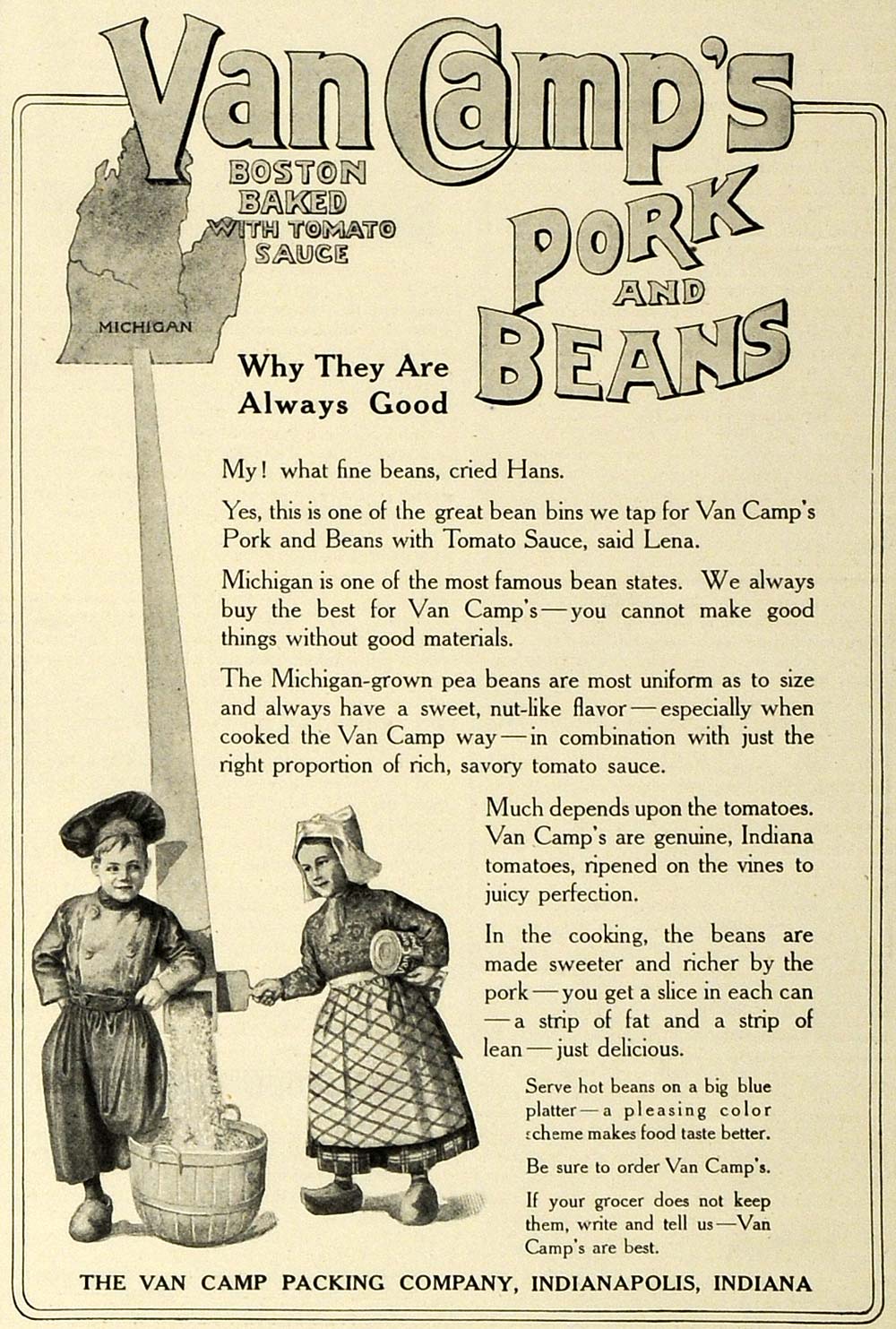 1906 Ad Van Camp Canned Pork Bean Food Children Dutch Clogs Michigan Mill LHJ7