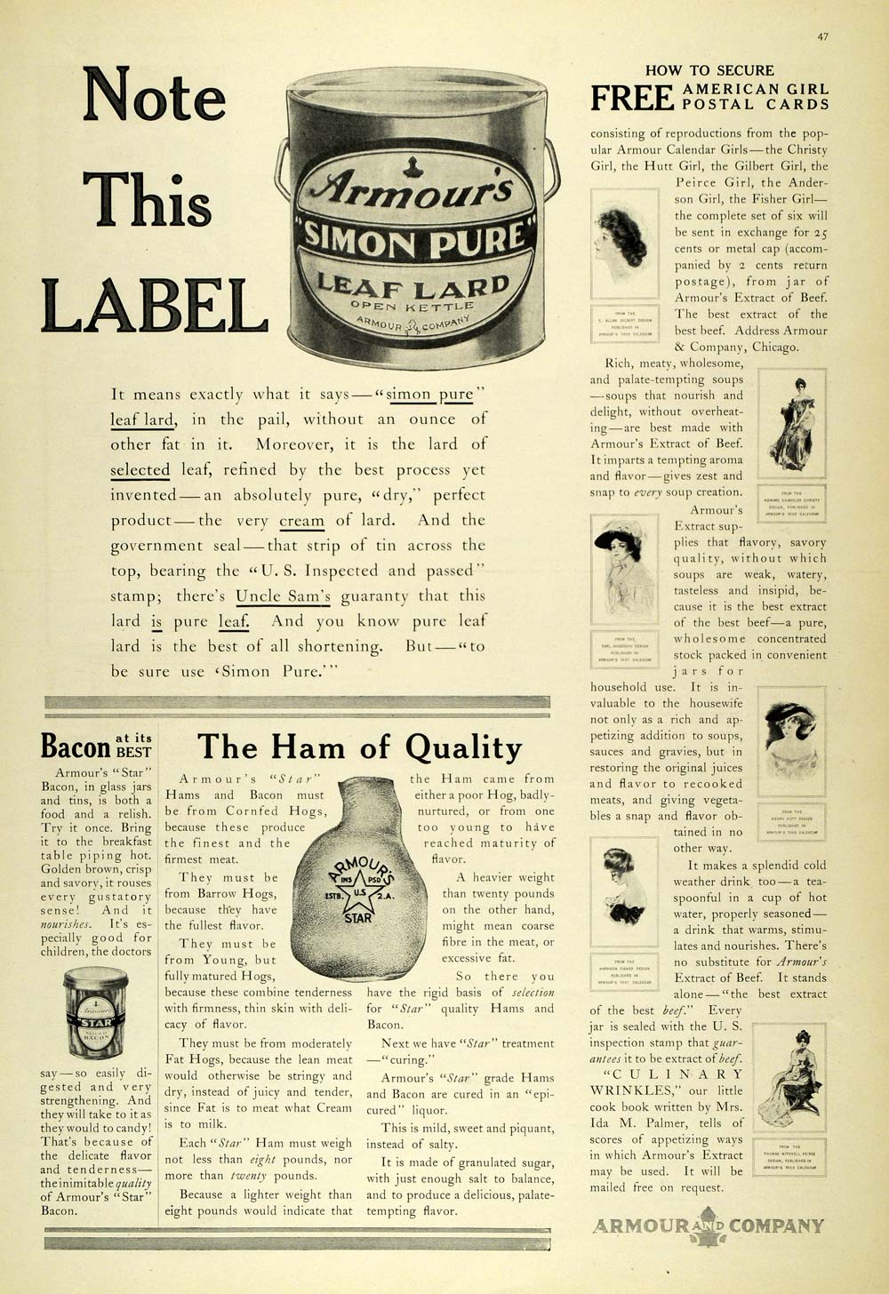 1907 Ad Armour Simon Pure Leaf Lard Star Ham Bacon Jar Pork Shortening LHJ7