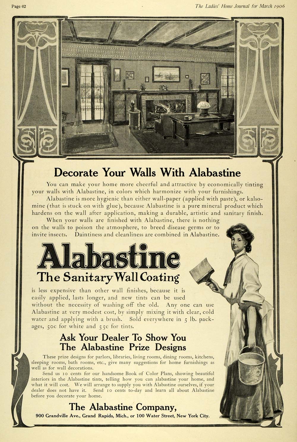 1906 Ad Alabastine Sanitary Wall Covering Paint Brush Living Room Fireplace LHJ7