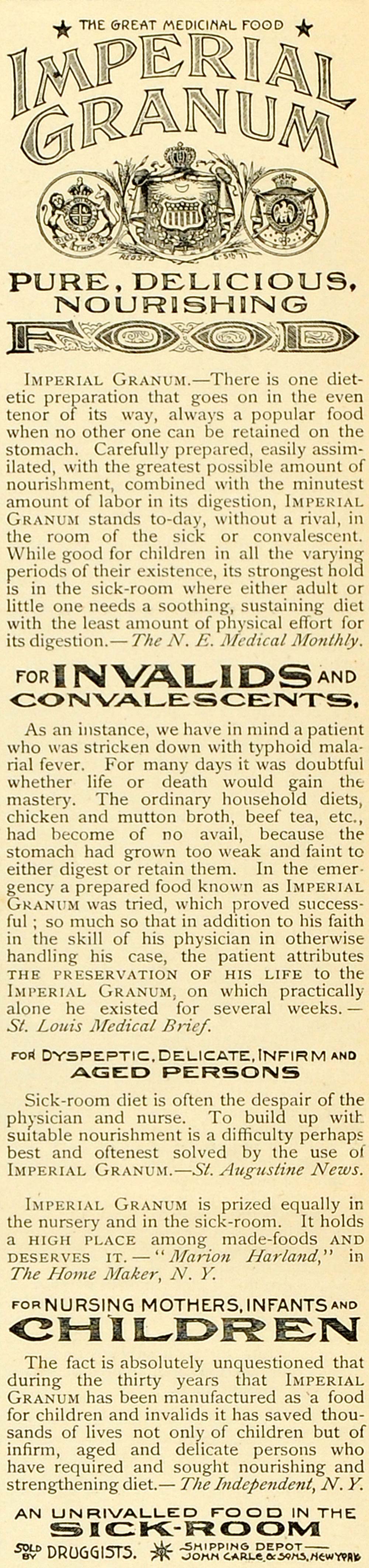 1893 Ad Imperial Granum Medicinal Health Food Sick Invalids Children John LHJ7