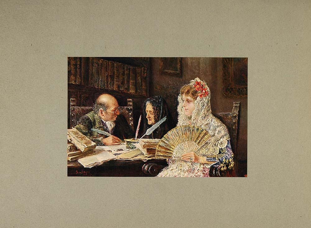 1905 Print Spanish Lady Lace Fan Jose Gallegos y Arnosa - ORIGINAL LMC1