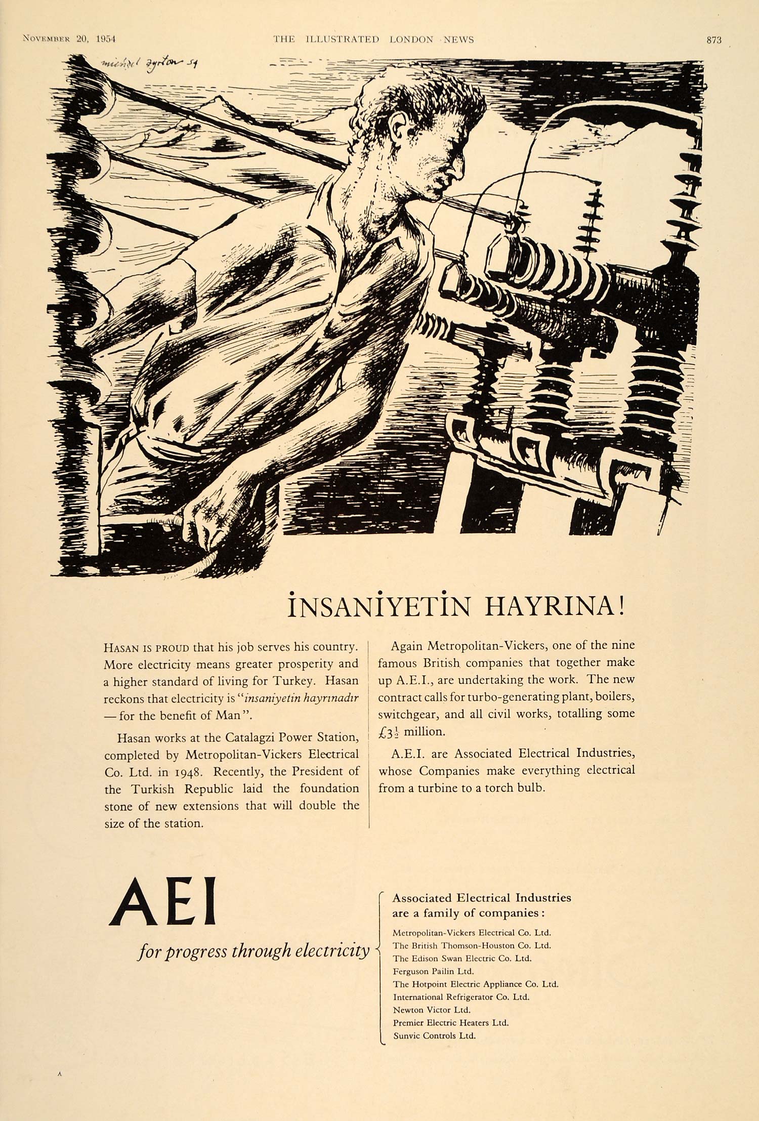1954 Ad A.E.I. Michael Ayrton Catalagzi Power Turkey - ORIGINAL ADVERTISING LN1