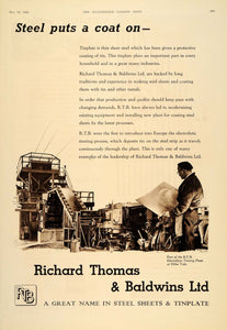 1956 Ad Richard Thomas & Baldwins Steel Tinplate RTB - ORIGINAL ADVERTISING LN1 - Period Paper
