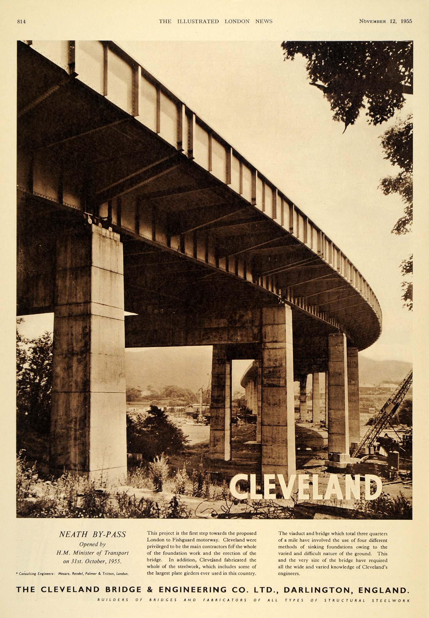1955 Ad Cleveland Bridge Engineering Neath Bypass Wales - ORIGINAL LN1