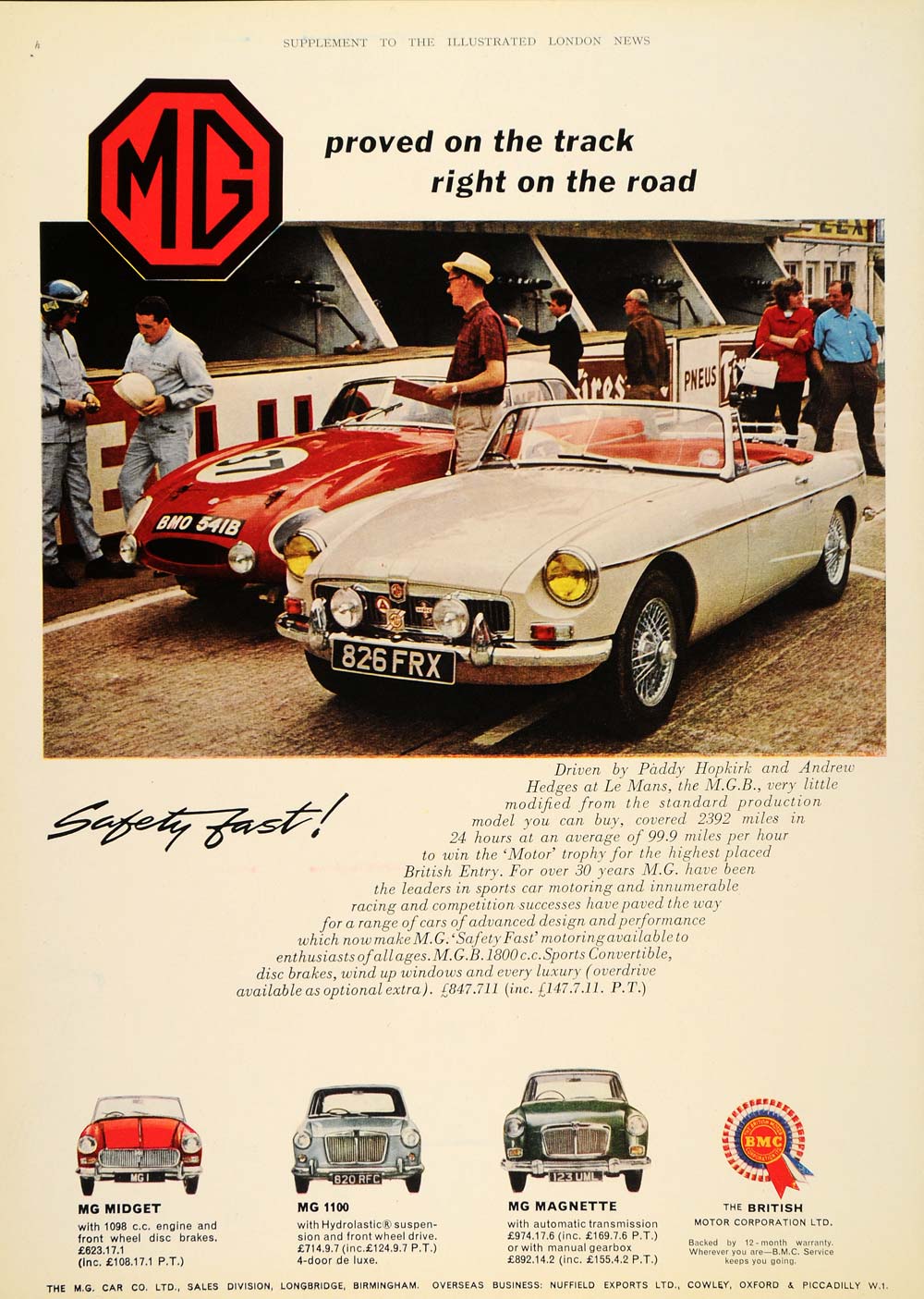 1964 Ad MG Midget 1100 Magnette MBG Le Mans Racetrack - ORIGINAL ADVERTISING LN1