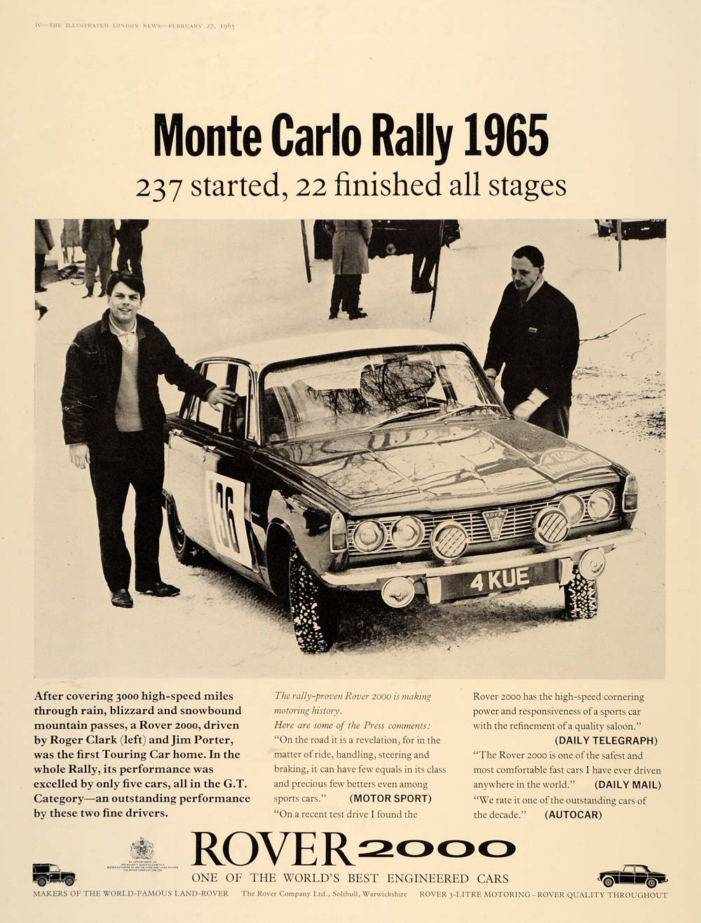 1965 Ad Rover 2000 Monte Carlo Rally Race Touring Car - ORIGINAL ADVERTISING LN1