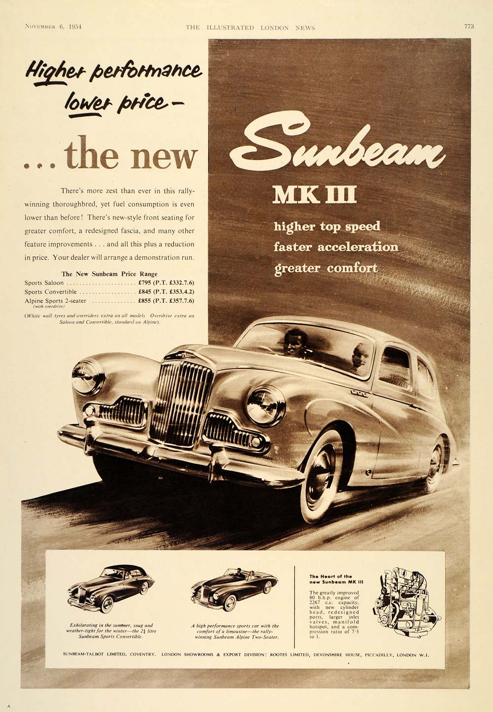 1954 Ad Sunbeam Mk III Sports Saloon Convertible Car - ORIGINAL ADVERTISING LN1