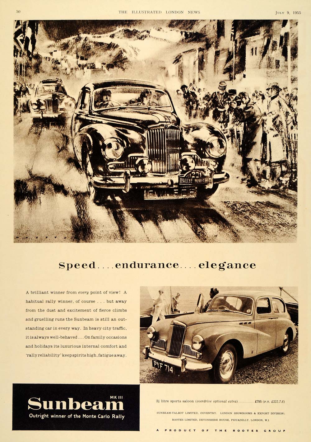 1955 Ad Sunbeam Mk III Sports Saloon Monte Carlo Rally - ORIGINAL LN1