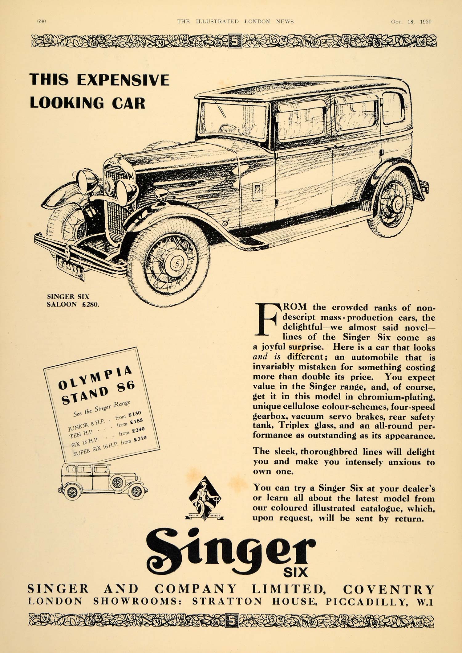 1930 Ad Vintage Singer Six Saloon British Car Antique - ORIGINAL ADVERTISING LN1