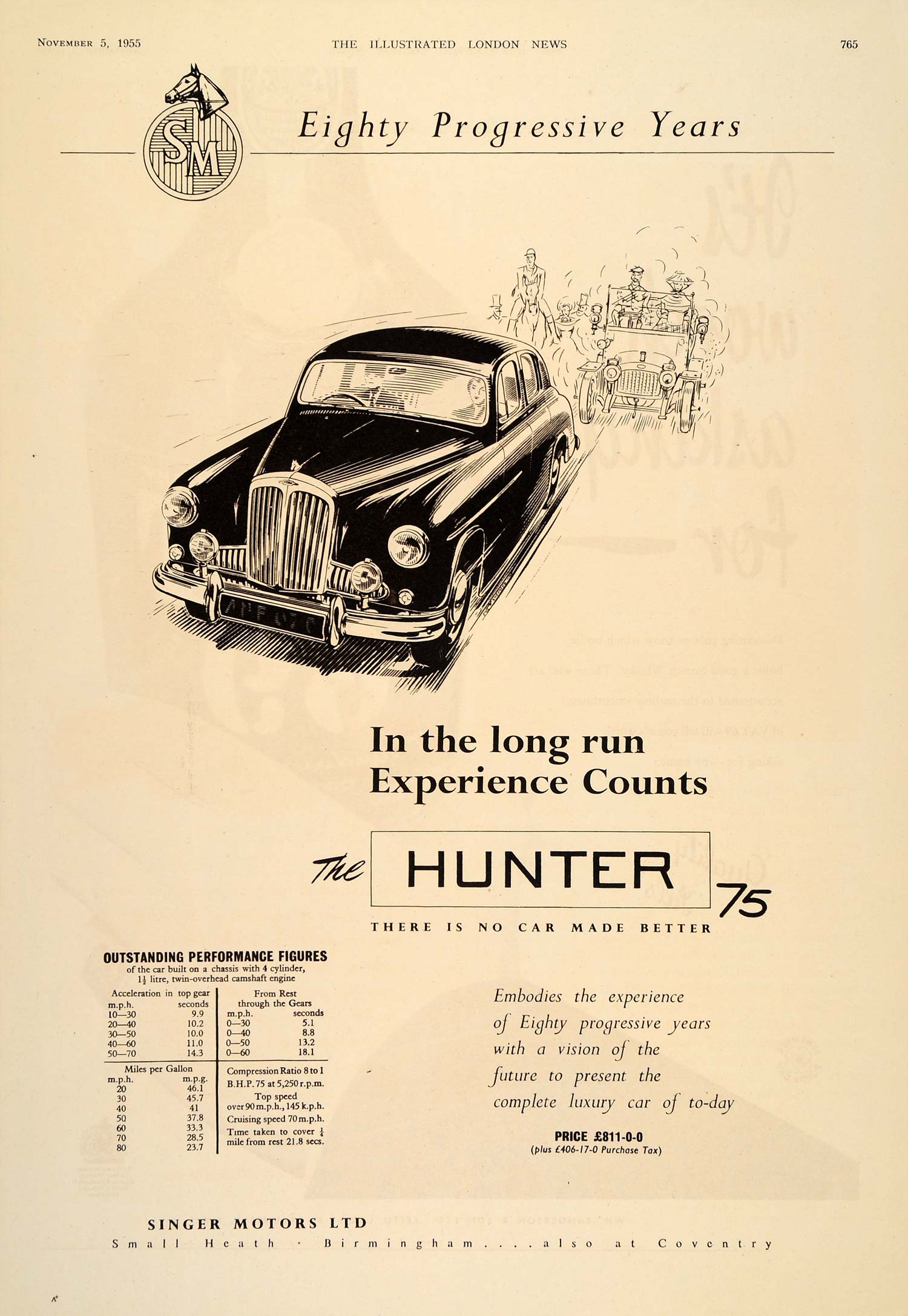 1955 Ad Singer Hunter 75 Sedan British Car Automobile - ORIGINAL ADVERTISING LN1