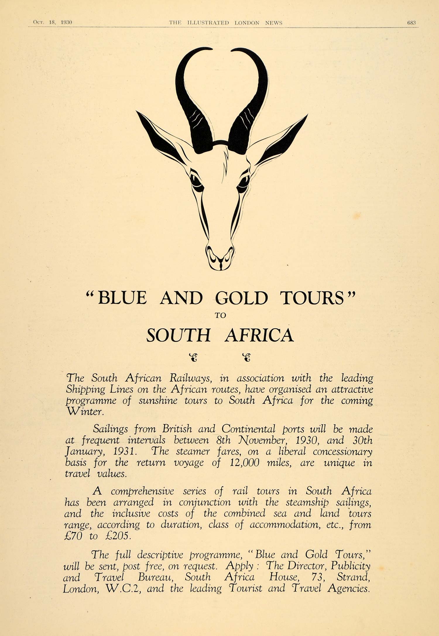 1930 Ad South African Railways Tours Travel Gemsbok - ORIGINAL ADVERTISING LN1