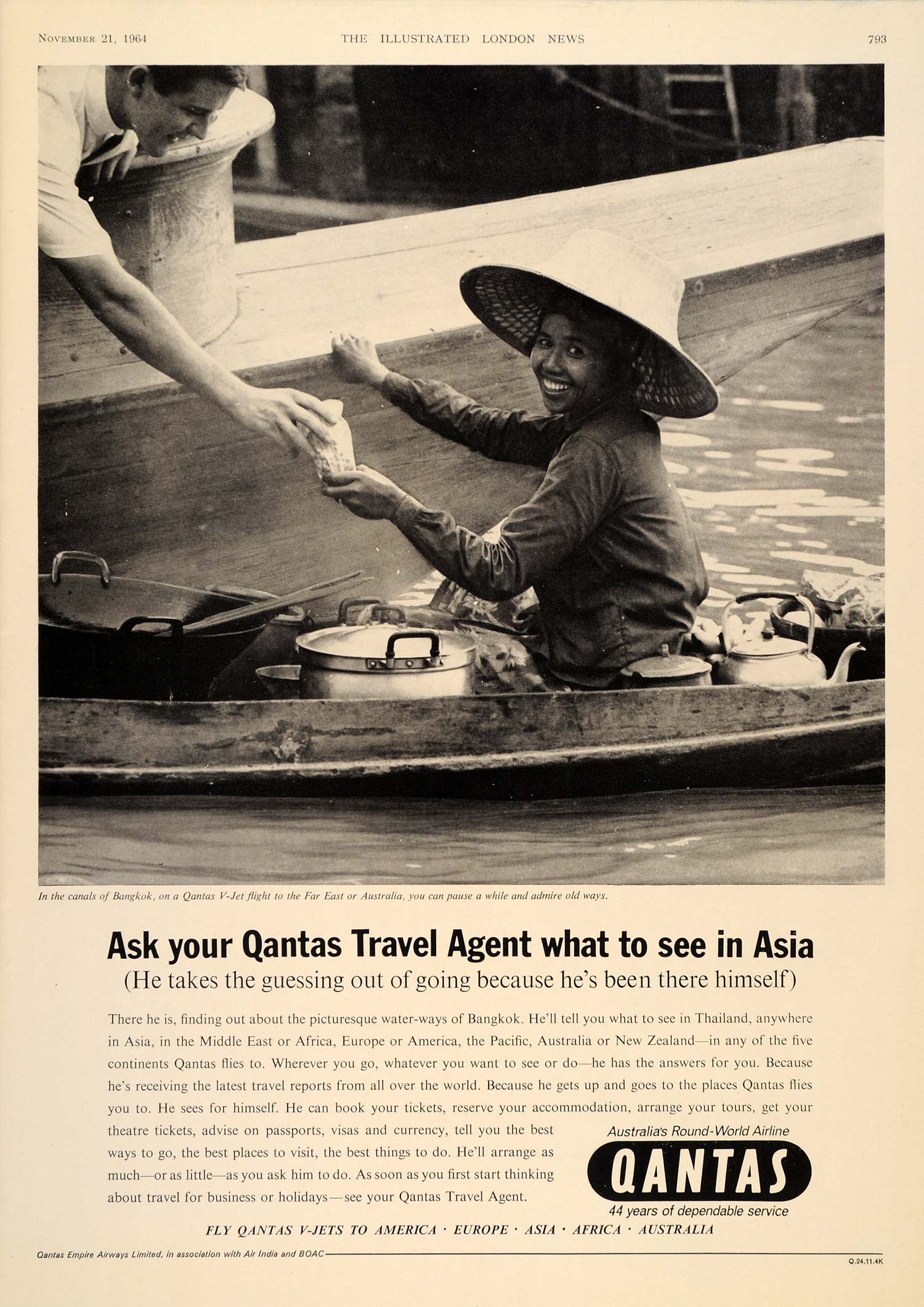 1964 Ad Qantas Airlines Air Travel Bangkok Canal Boat - ORIGINAL ADVERTISING LN1