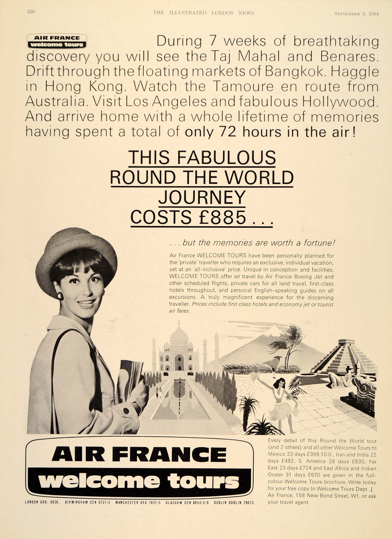 1964 Ad Air France Welcome Tours World Travel Taj Mahal - ORIGINAL LN1