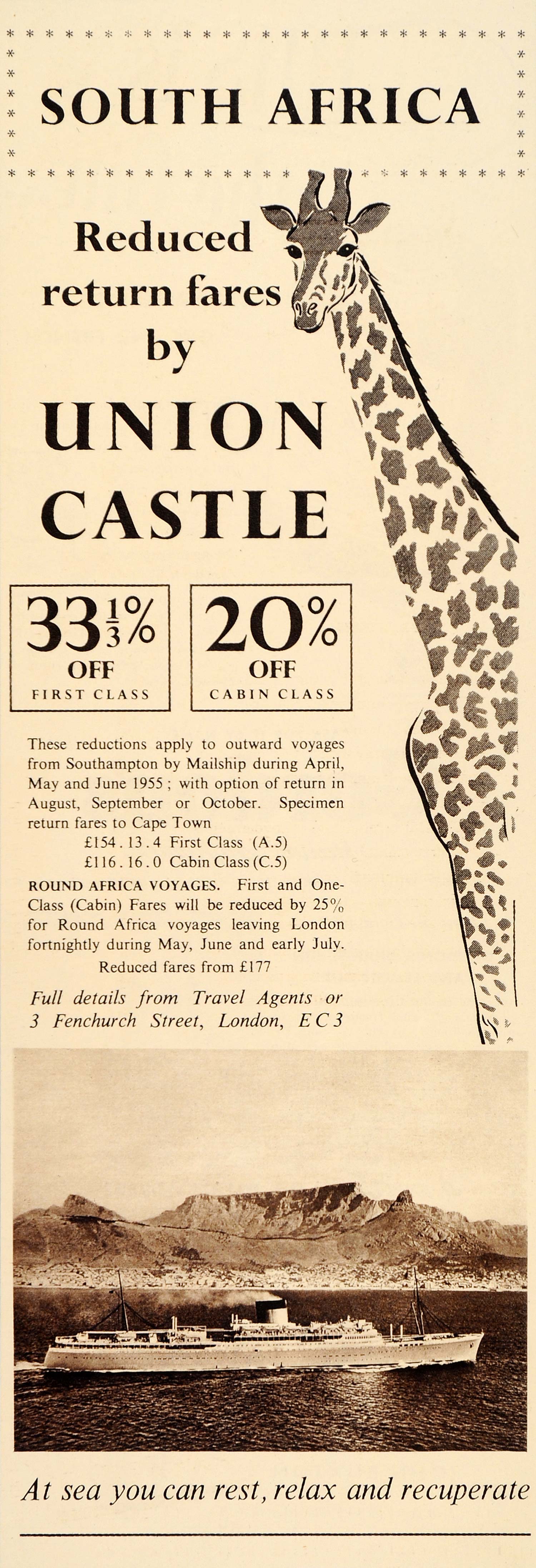 1954 Ad South Africa Travel Union-Castle Line Giraffe - ORIGINAL ADVERTISING LN1