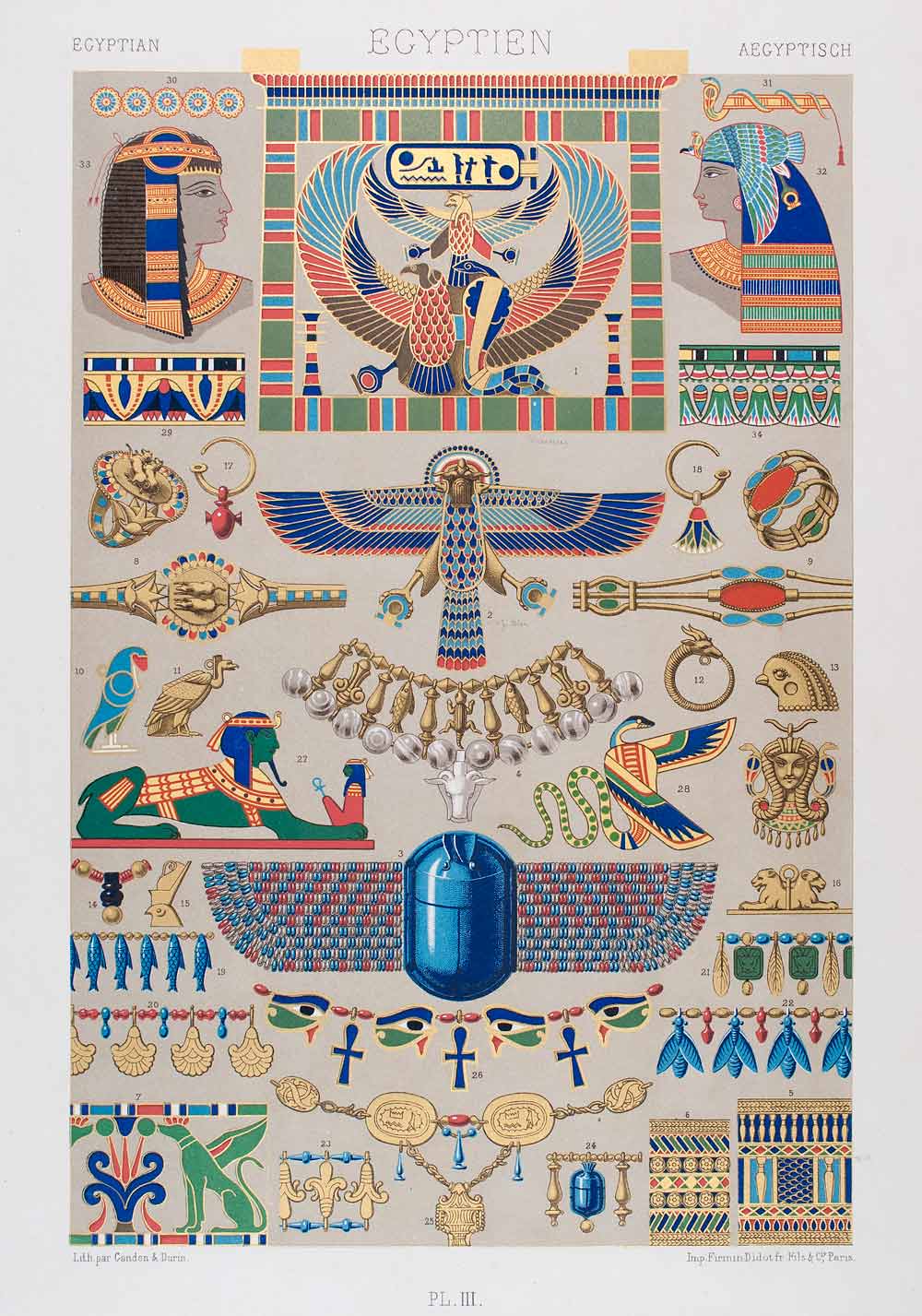 1875 Chromolithograph Egyptian Jewelry Design Necklace Amulet Scarab Ra LOR1