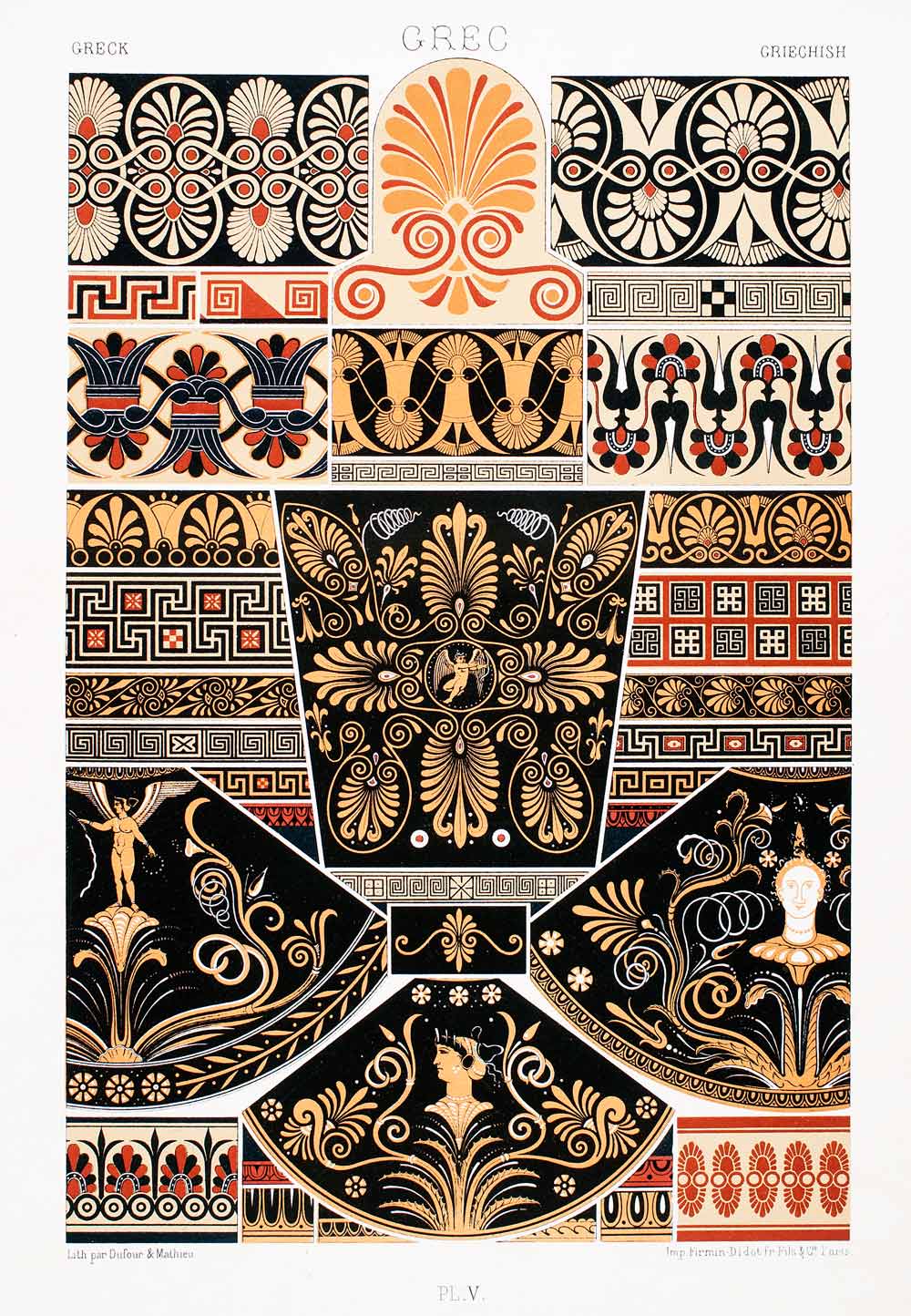 1875 Chromolithograph Greek Vase Pattern Design Red Figure Floral Repeated LOR1