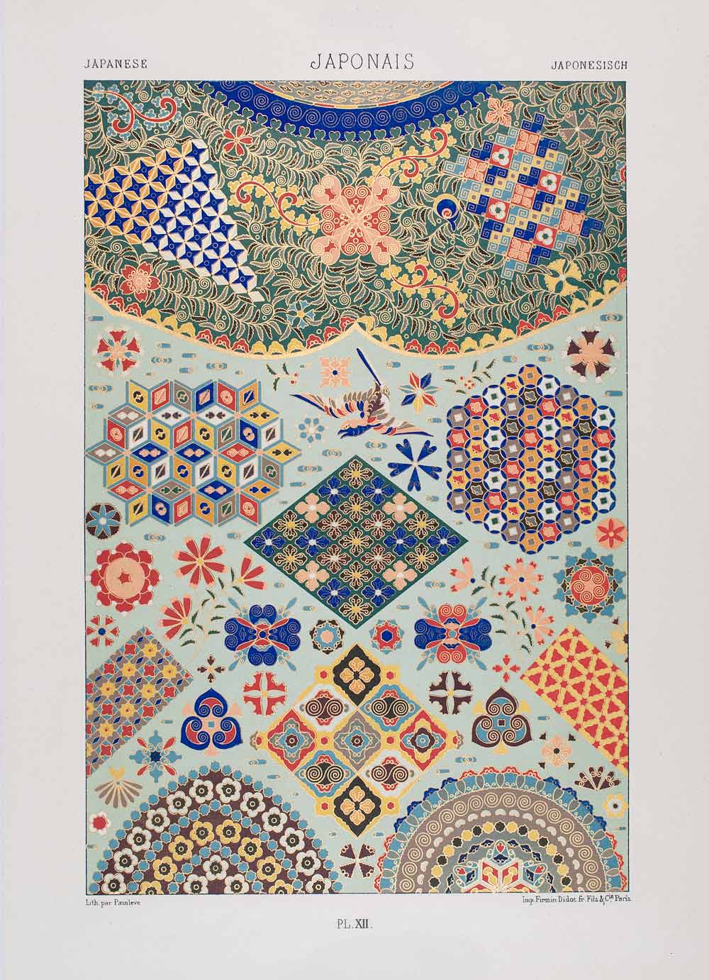 1875 Chromolithograph Japanese Cloisonne Motif Design Pattern Tessellation LOR1
