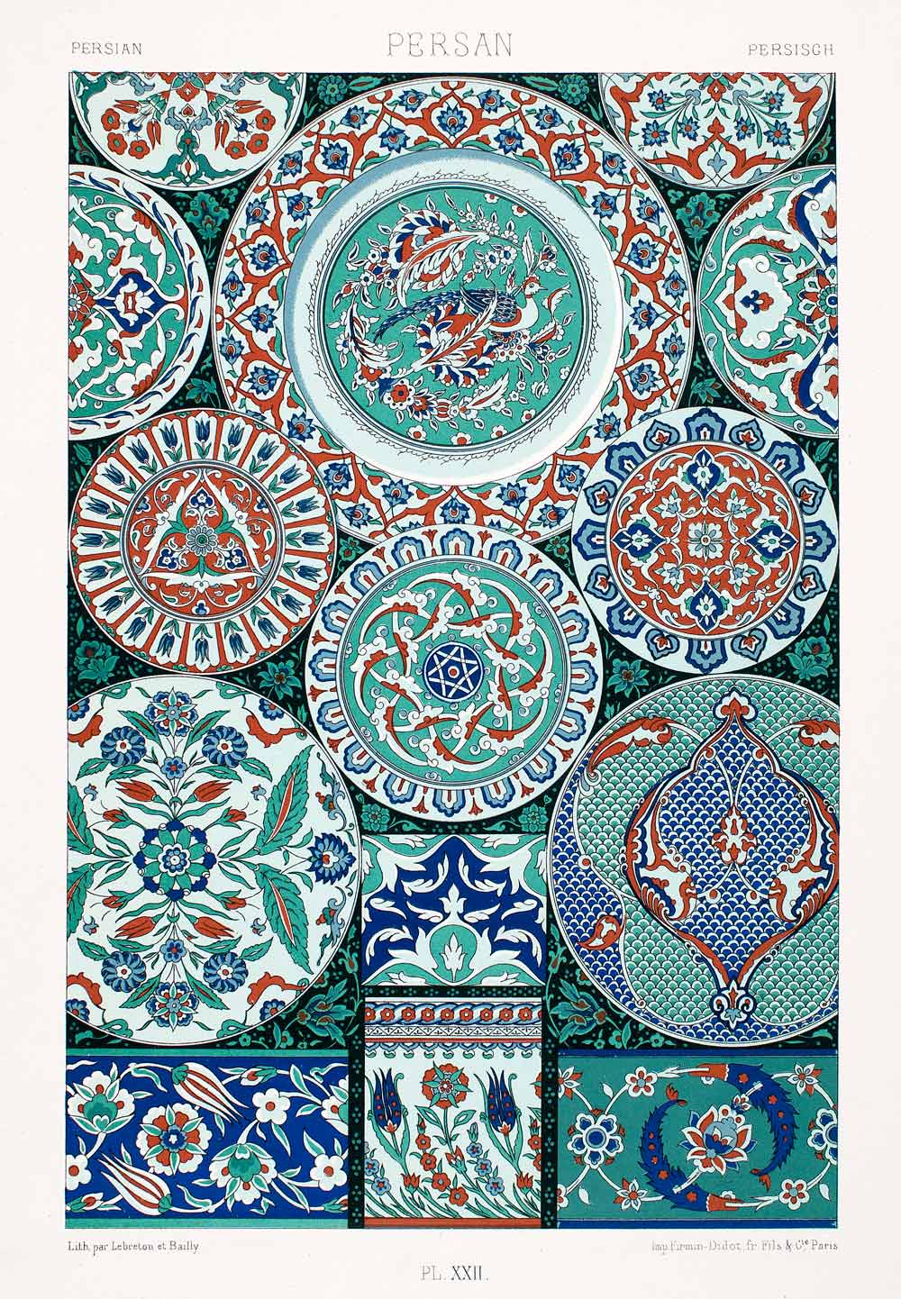 1875 Chromolithograph Persian Ceramic Design Motif Floral Flower Iraq LOR1