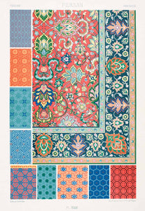 1875 Chromolithograph Persian Rug Design Floral Pattern Motif Tessellation LOR1