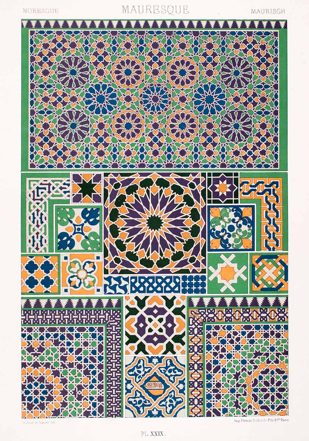 1875 Chromolithograph Moorish Geometric Pattern Mosaic Islamic Design LOR1