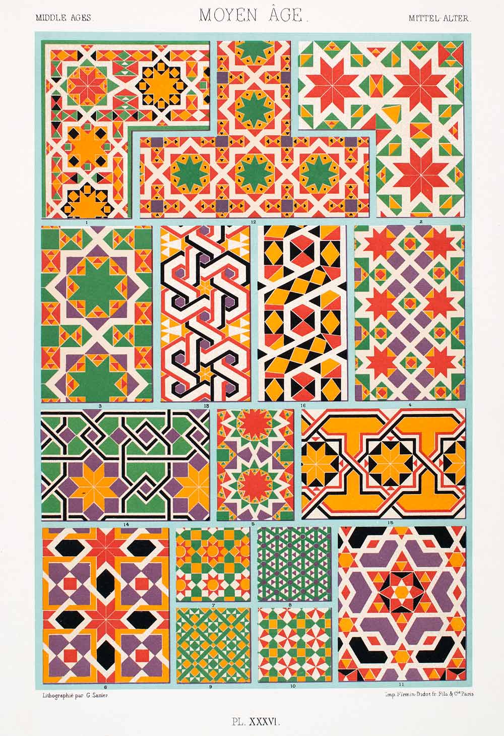 1875 Chromolithograph Medieval Geometric Pattern Motif 12th Century Mosaic LOR1