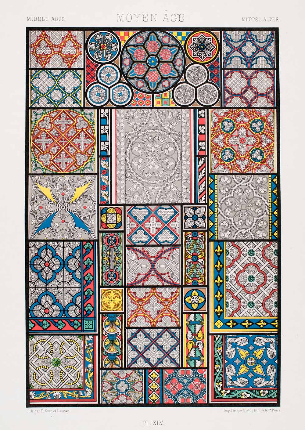 1875 Chromolithograph Medieval Stained Glass Grisaille Rosette Design LOR1