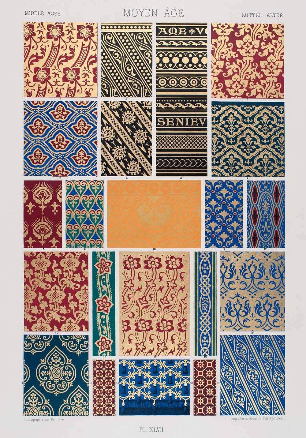 1875 Chromolithograph 15th Century Embroidery Design Pattern Fabric Motif LOR1
