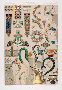 1875 Chromolithograph 16th Century Jewelry Handle Decoration Ornament LOR1