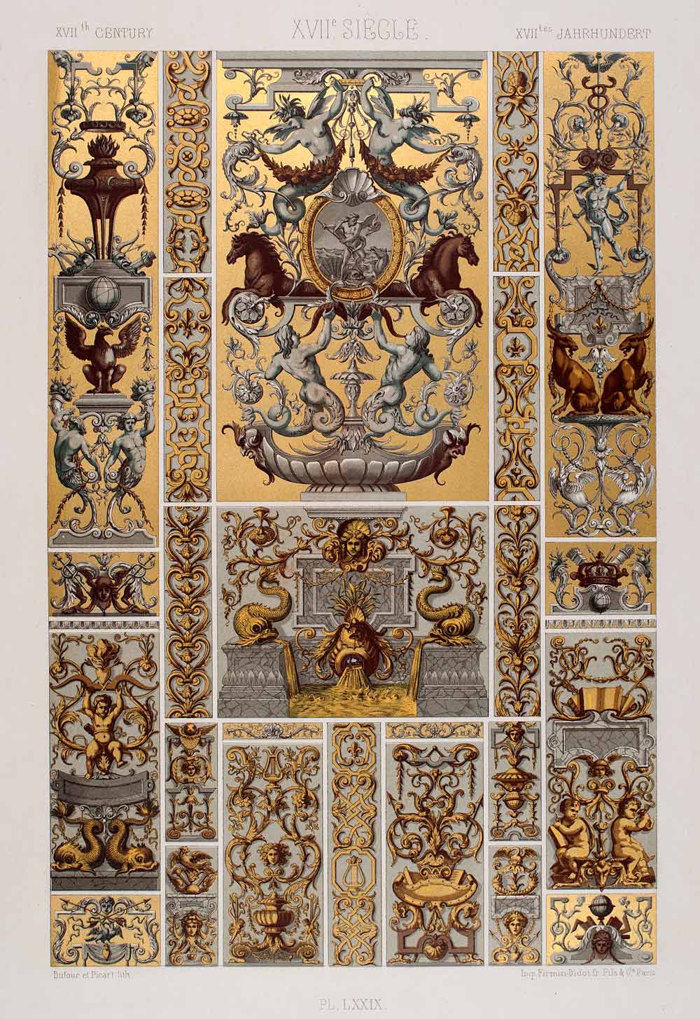 1875 Chromolithograph 17th Century Decoration Apollo Gallery Louvre Jean LOR1