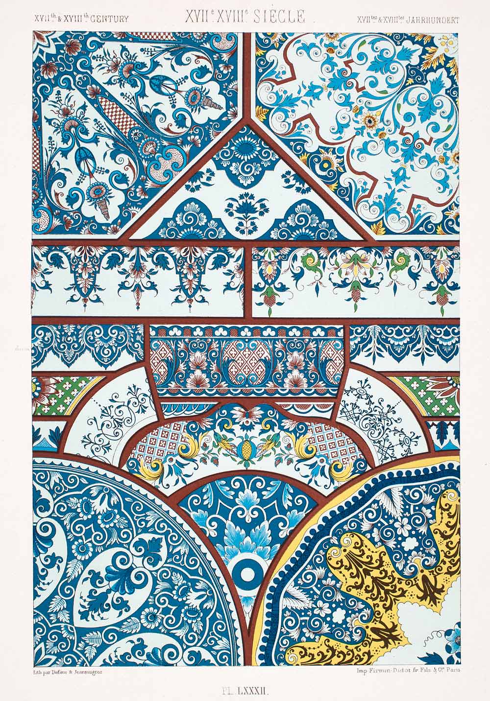 1875 Chromolithograph French Ceramic Design Historical Floral Motif Pattern LOR1