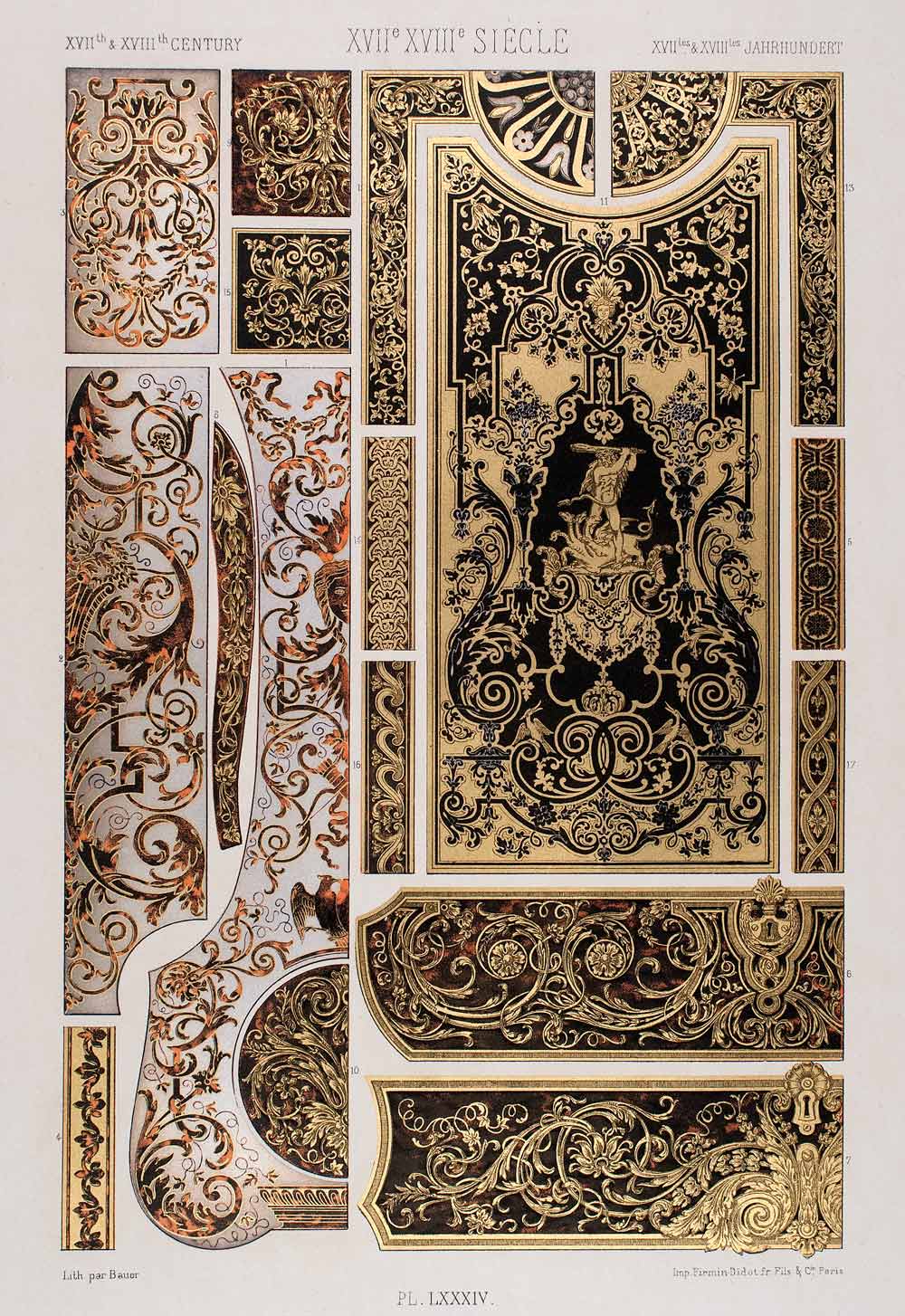 1875 Chromolithograph Boulle Buhl Design Motif Inlay Ebony Marquetry Gold LOR1