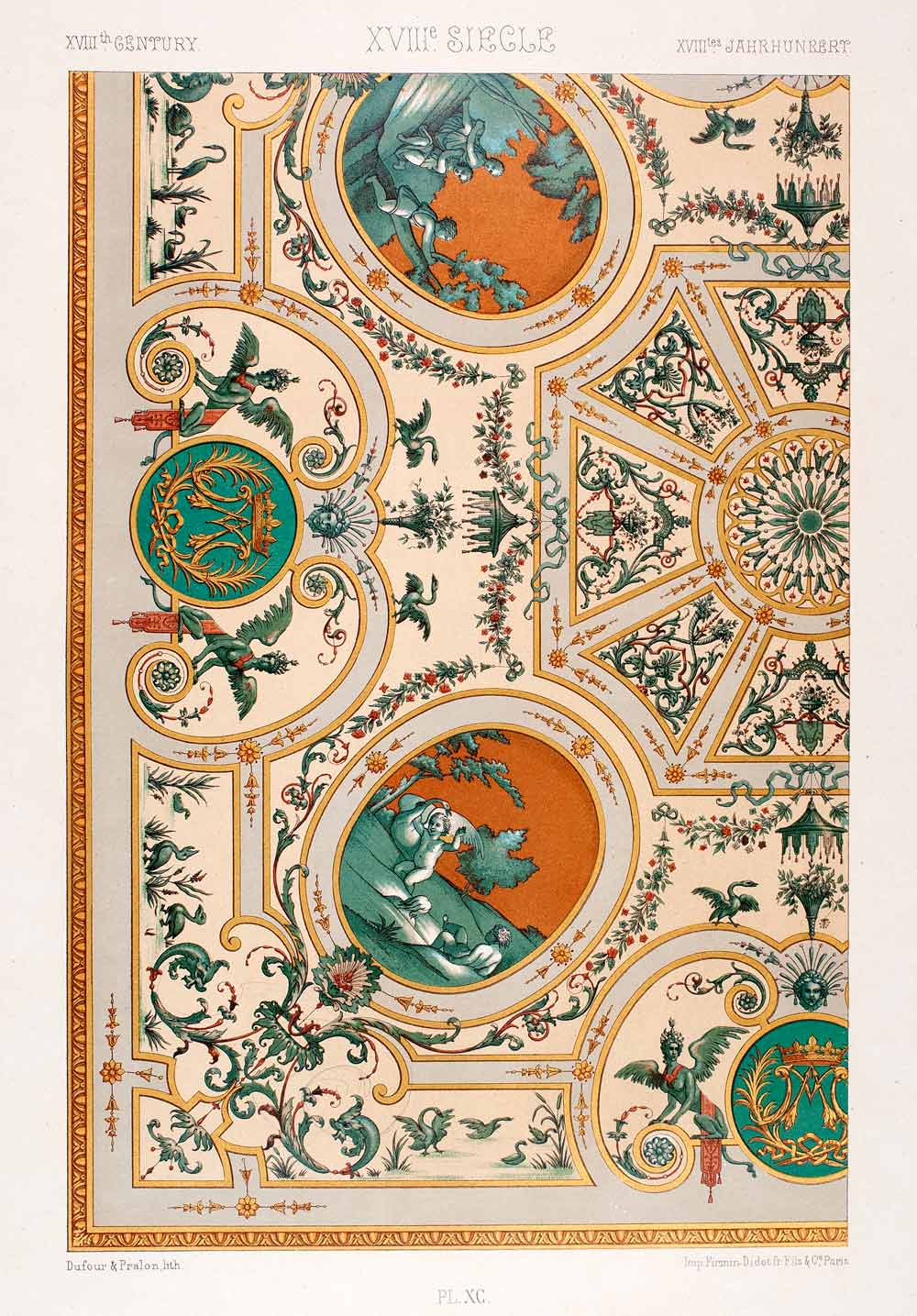 1875 Chromolithograph 18th Century Ceiling Versailles Rococo Design Garland LOR1