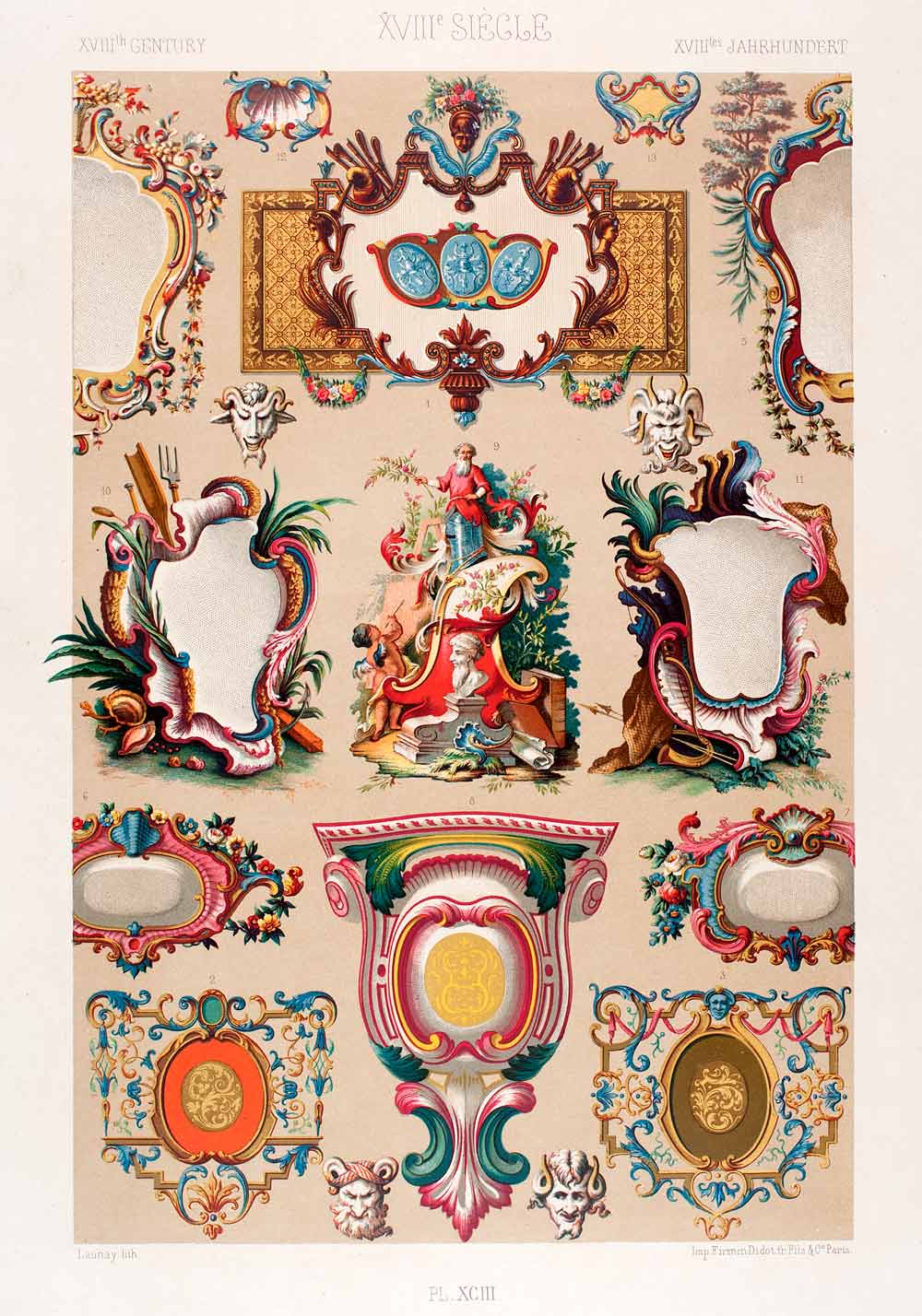 1875 Chromolithograph Cartouche 18th Century Scrollwork Design Ornament LOR1