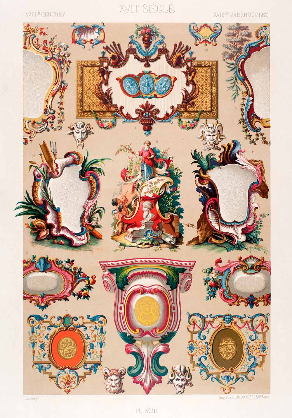 1875 Chromolithograph Cartouche 18th Century Scrollwork Design